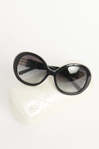Black Acetate Preowned Oversize Round Pearle Sunglasses