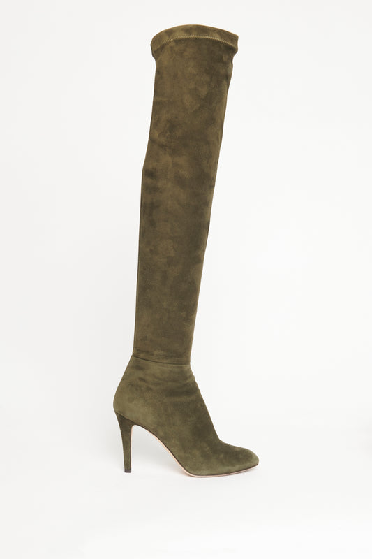 Khaki Green Stretch Suede Preowned Toni Over The Knee Boots