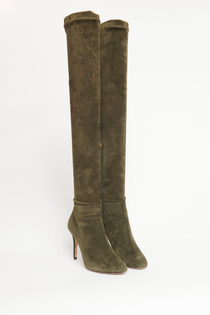 Khaki Green Stretch Suede Preowned Toni Over The Knee Boots