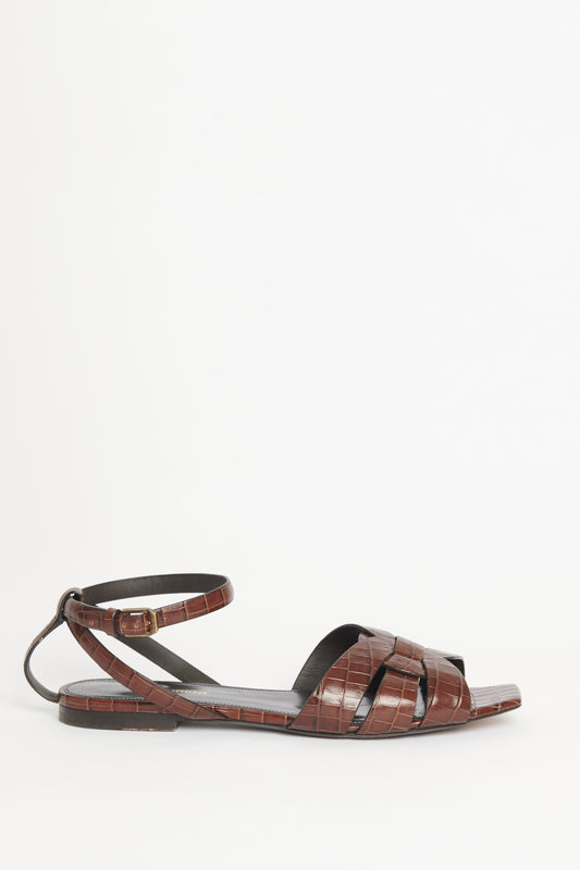 Brown Croc Embossed Preowned Flat Tribute Sandals