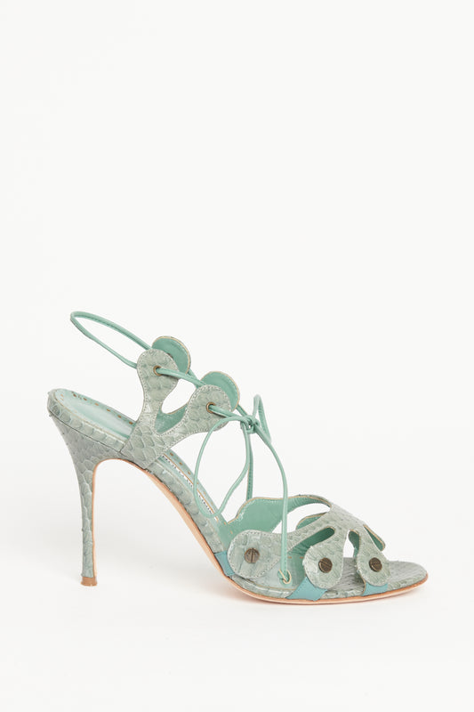 Light Green Snakeskin Preowned Rigora Lace Up Sandals