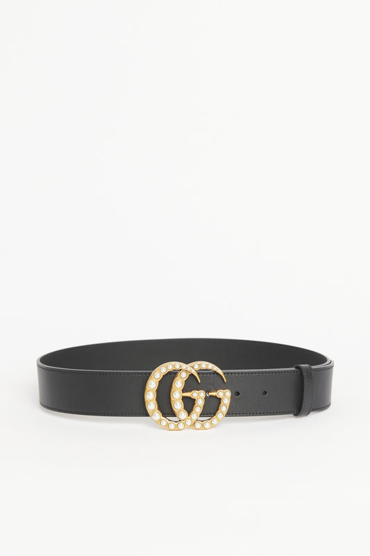 Black Leather Preowned Marmont GG Pearl Wide Belt