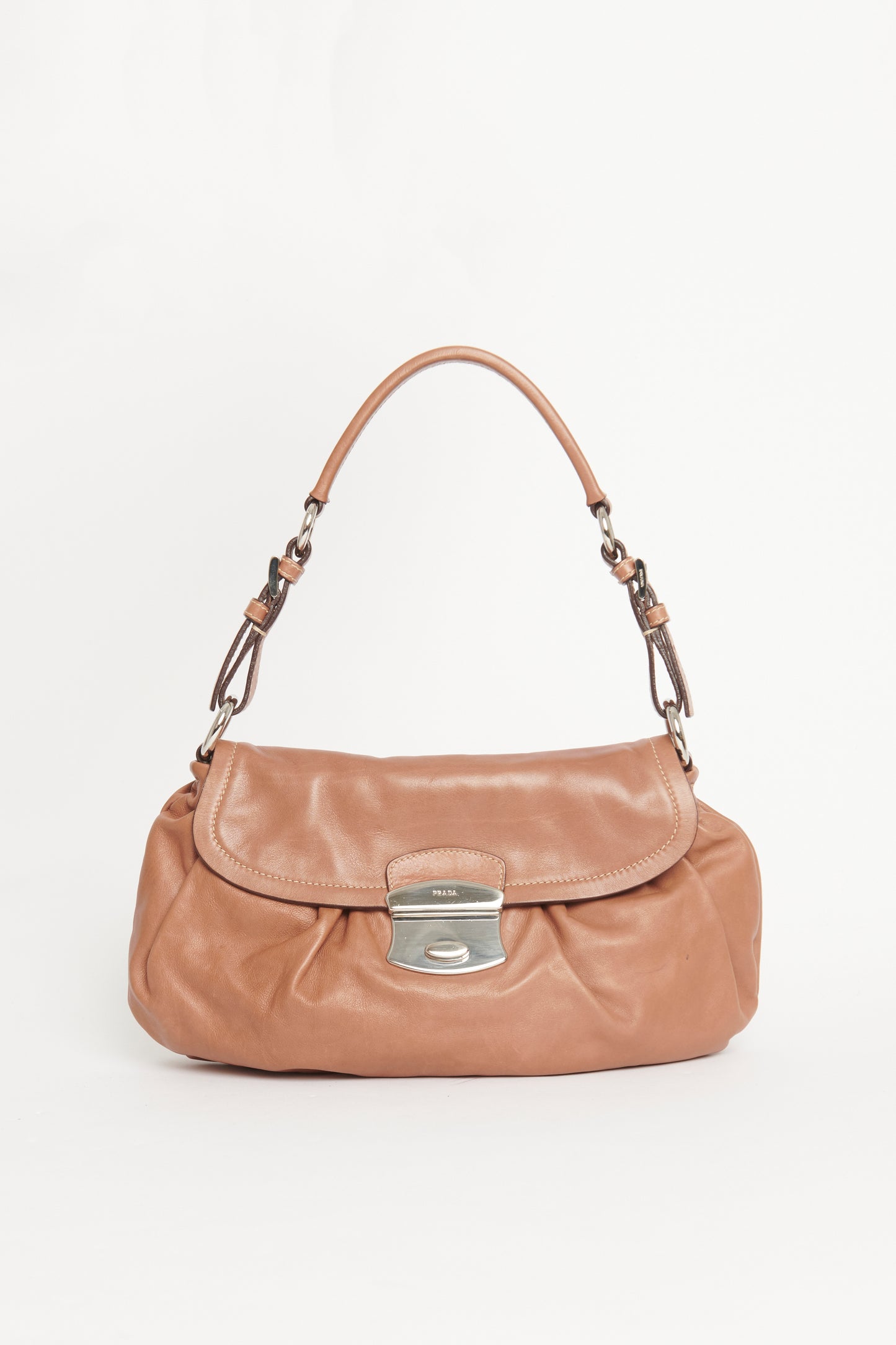 Brown Leather Preowned Pleated Shoulder Bag