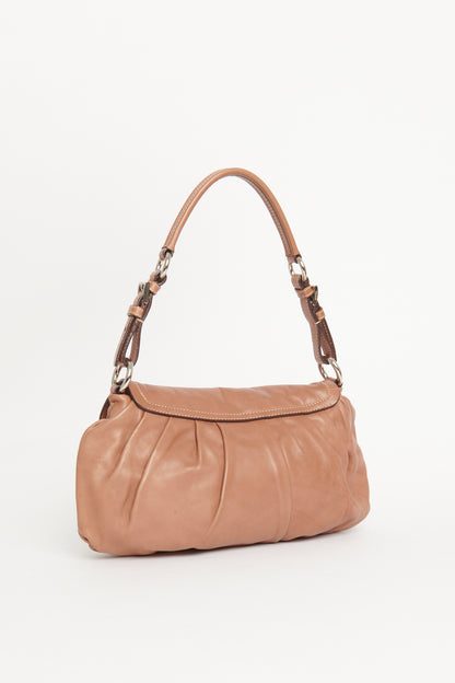 Brown Leather Preowned Pleated Shoulder Bag