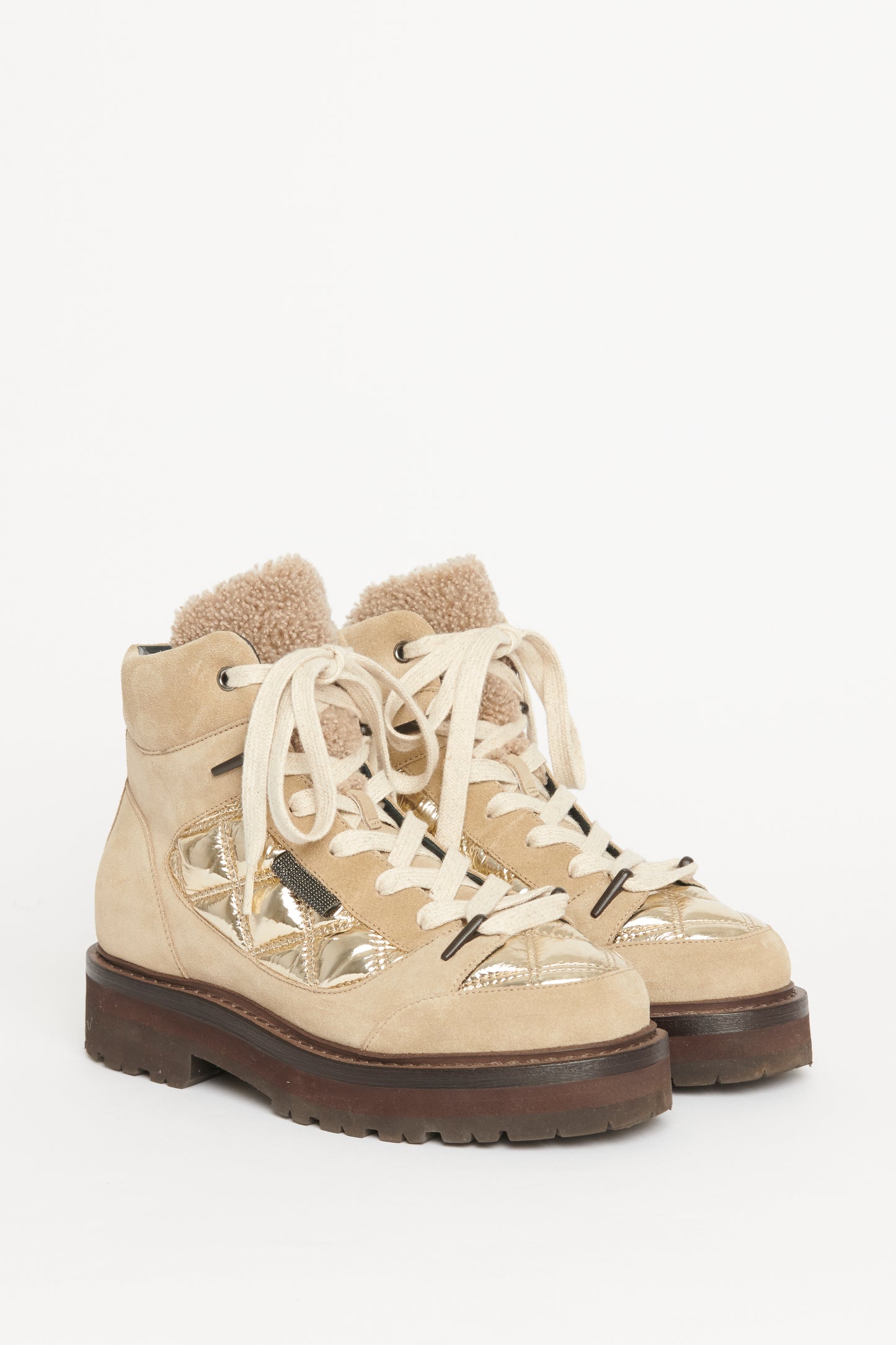 Taupe Suede & Shearling Trimmed Preowned Lace Up Chunky Boots