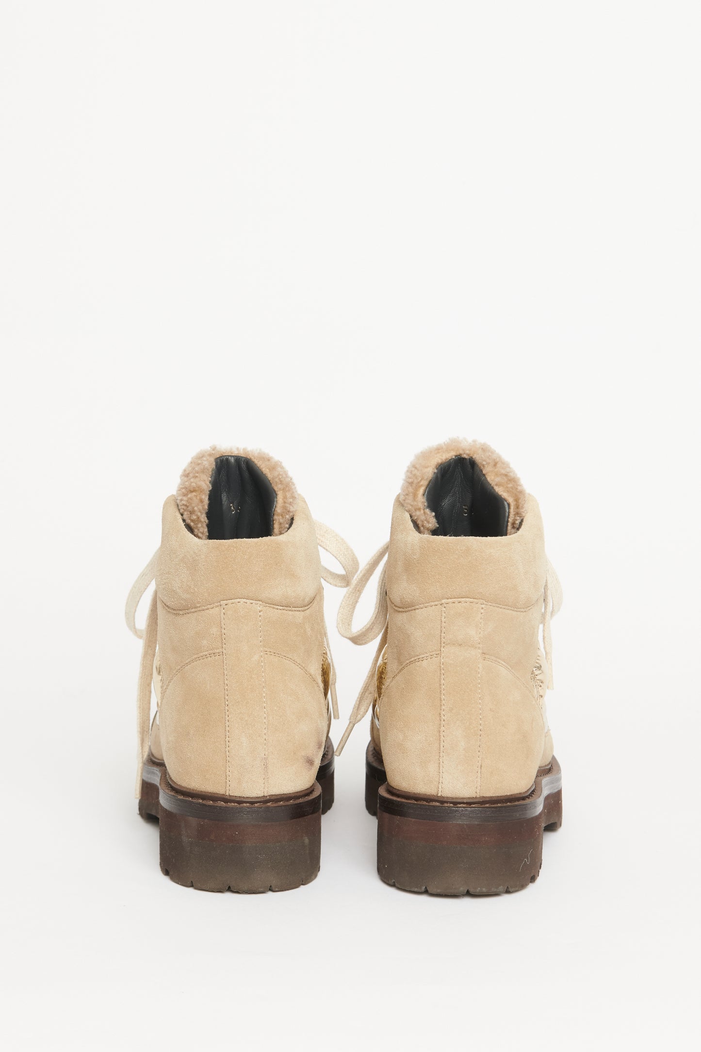Taupe Suede & Shearling Trimmed Preowned Lace Up Chunky Boots