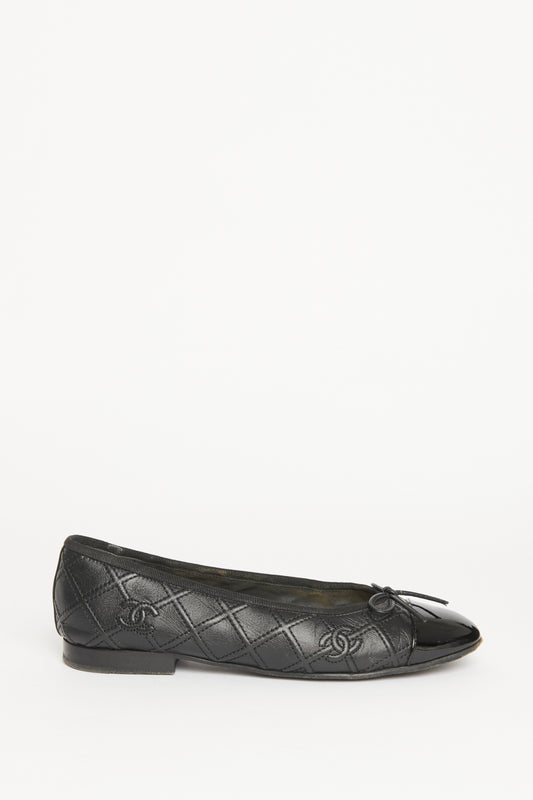 Black Leather Preowned Embroidered CC Ballet Flats