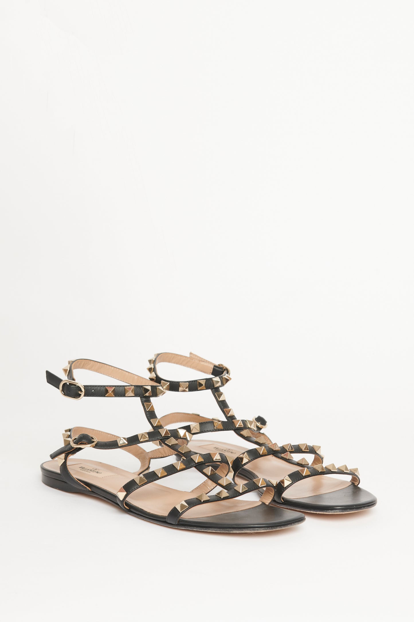 Black Leather Rockstud Gladiator Preowned Sandals