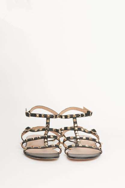 Black Leather Rockstud Gladiator Preowned Sandals