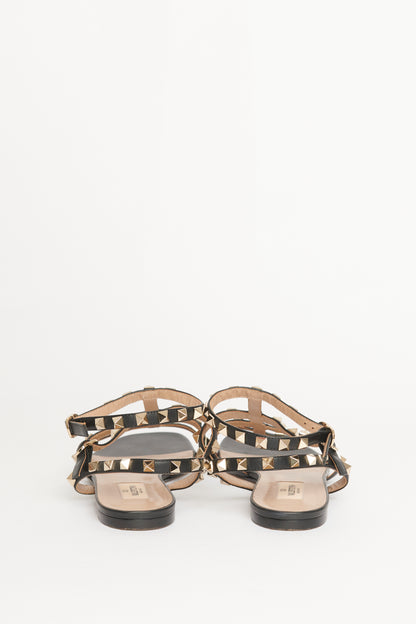 Black Leather Rockstud Gladiator Preowned Sandals