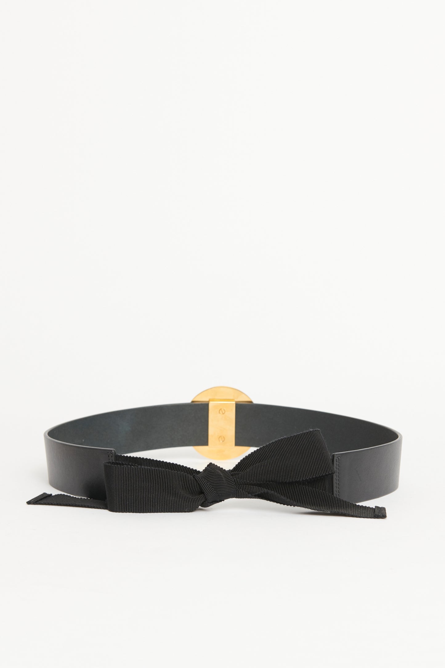 Black Leather Preowned Belt With Gold Disk