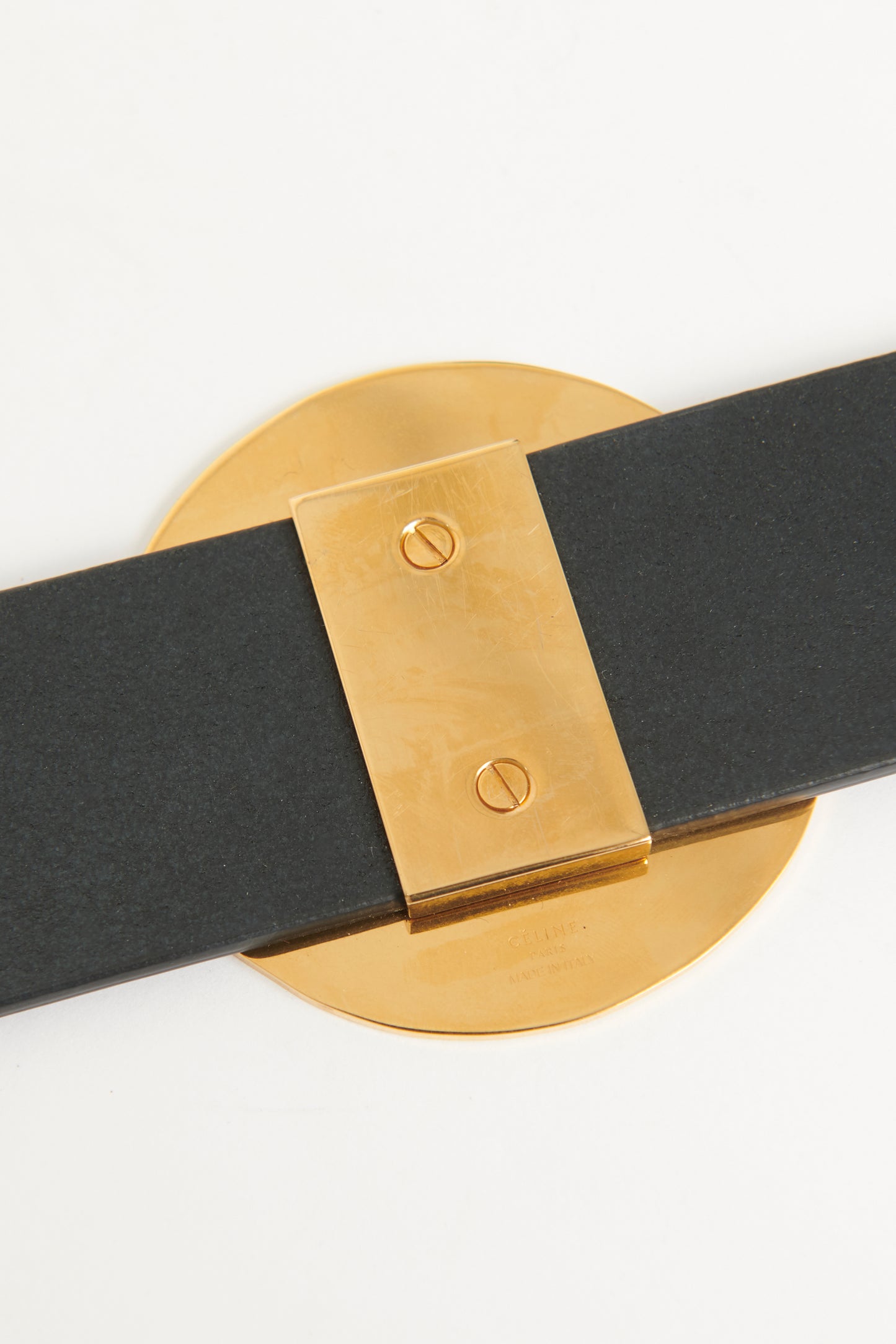 Black Leather Preowned Belt With Gold Disk