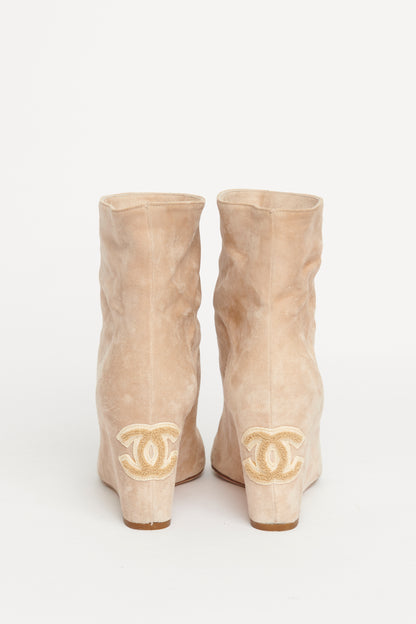 Beige Suede Peep Toe Ankle Preowned Boots