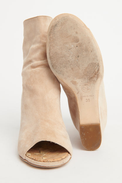 Beige Suede Peep Toe Ankle Preowned Boots