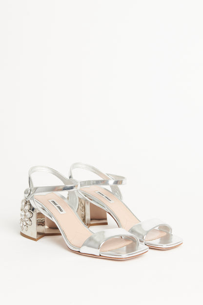 Silver Leather Crystal Embellished Block Heel Preowned Sandal