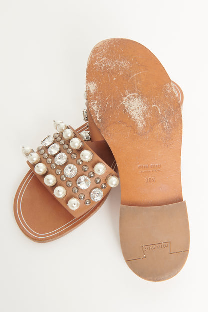 Montana Crystals Brown Leather Preowned Flat Sandals