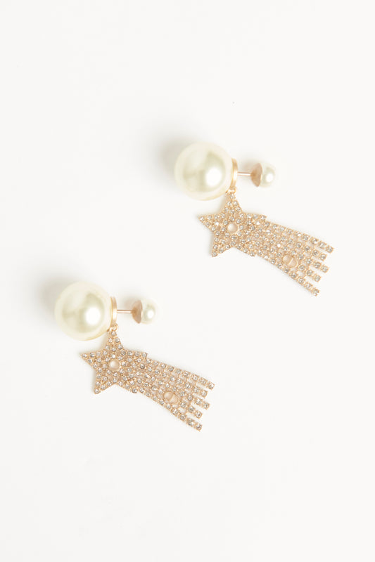 2023/24 Matte Gold-Finish Metal White Resin Pearls and Crystals Preowned Earrings