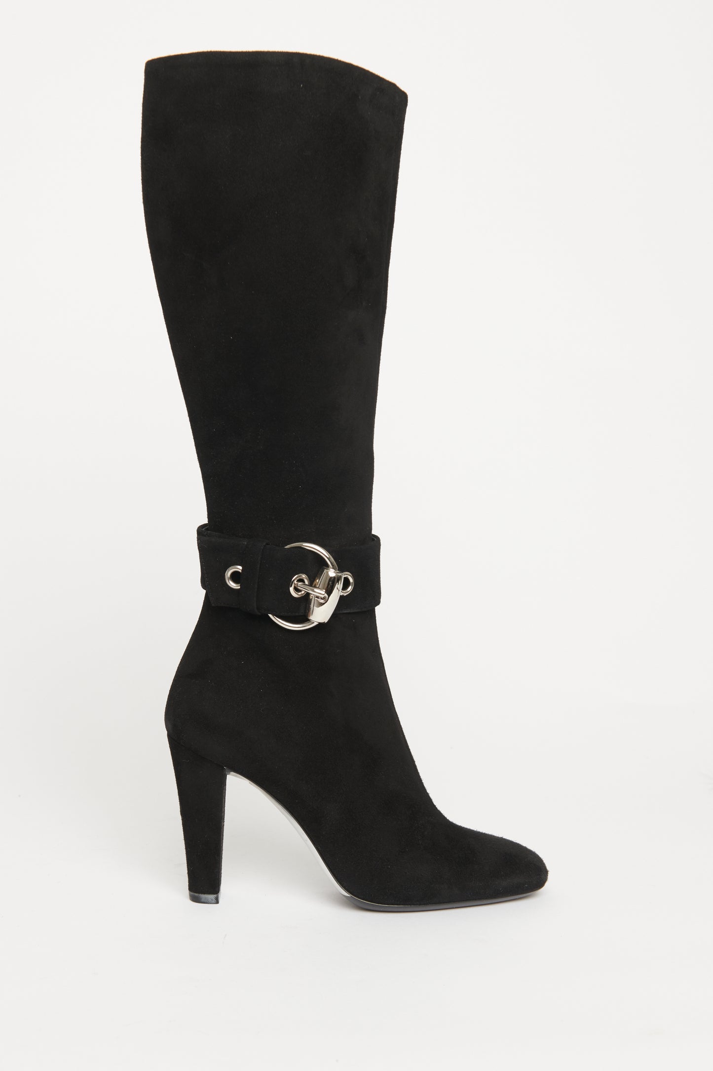 Suede Silk Buckle Preowned Knee High Boots