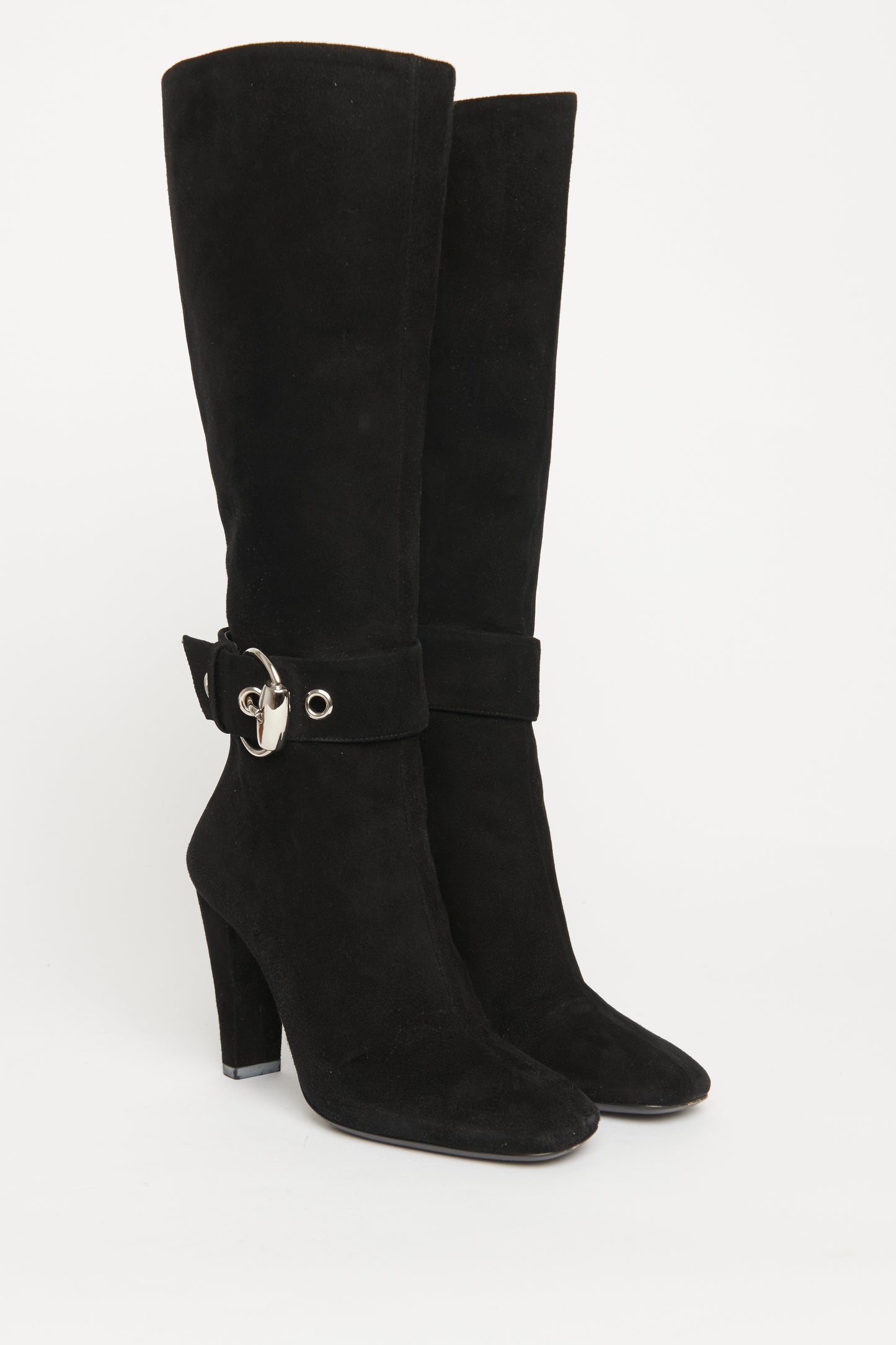 Suede Silk Buckle Preowned Knee High Boots