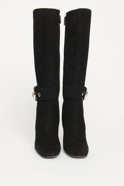 Suede Silk Buckle Preowned Knee High Boots