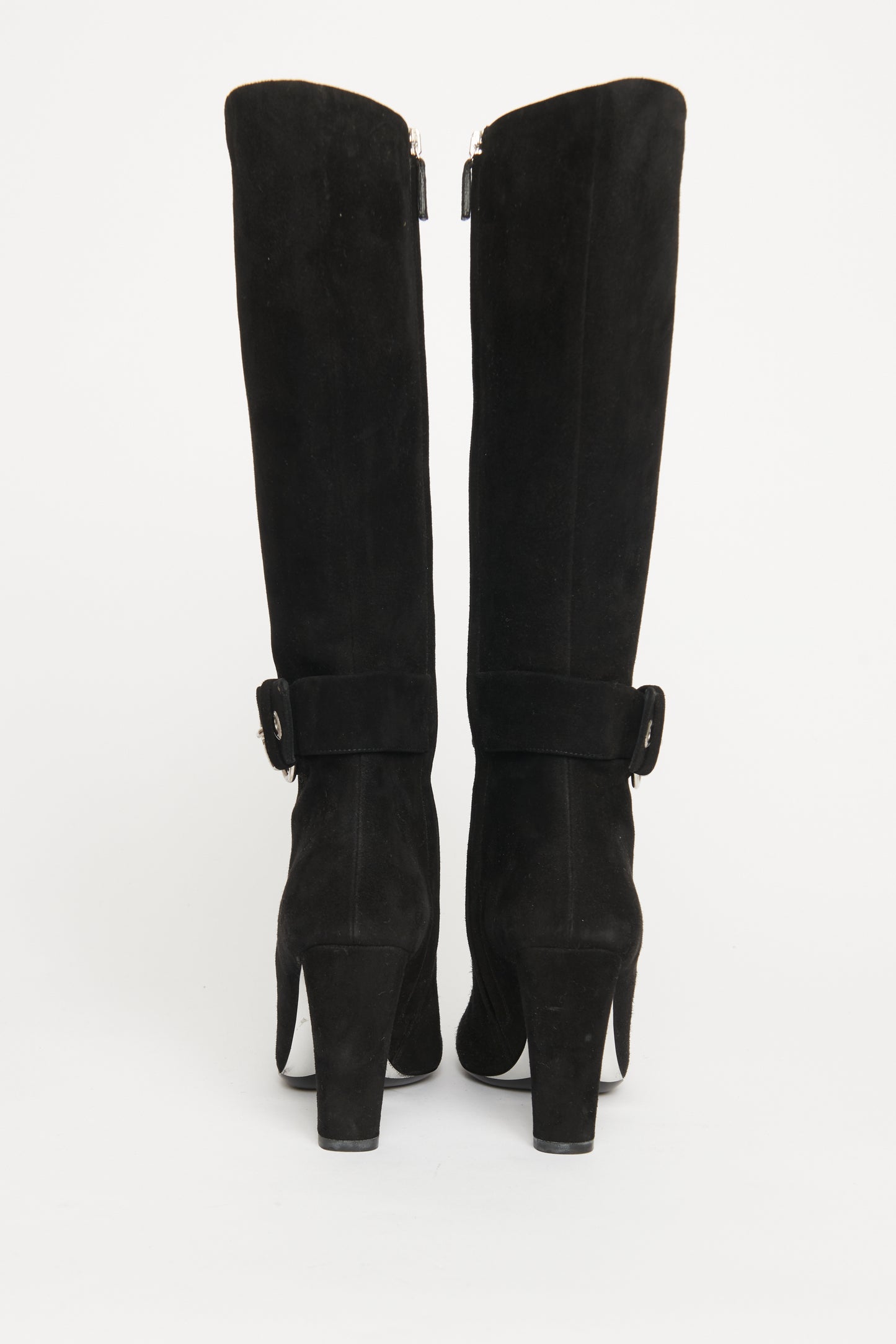 Suede Silk Buckle Preowned Knee High Boots