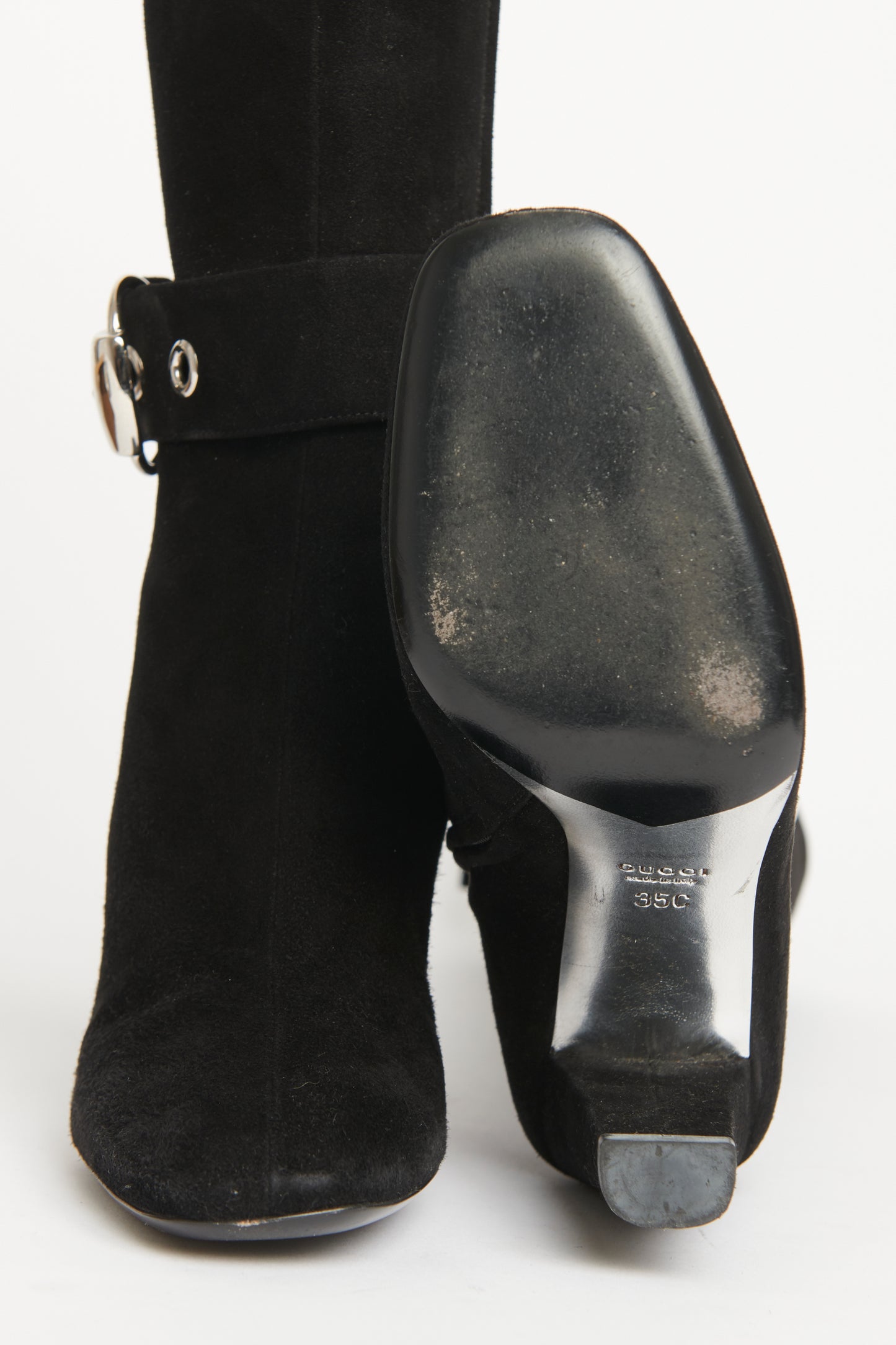 Suede Silk Buckle Preowned Knee High Boots