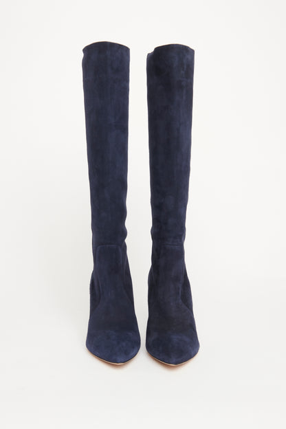 Navy Suede Preowned Knee High Boots