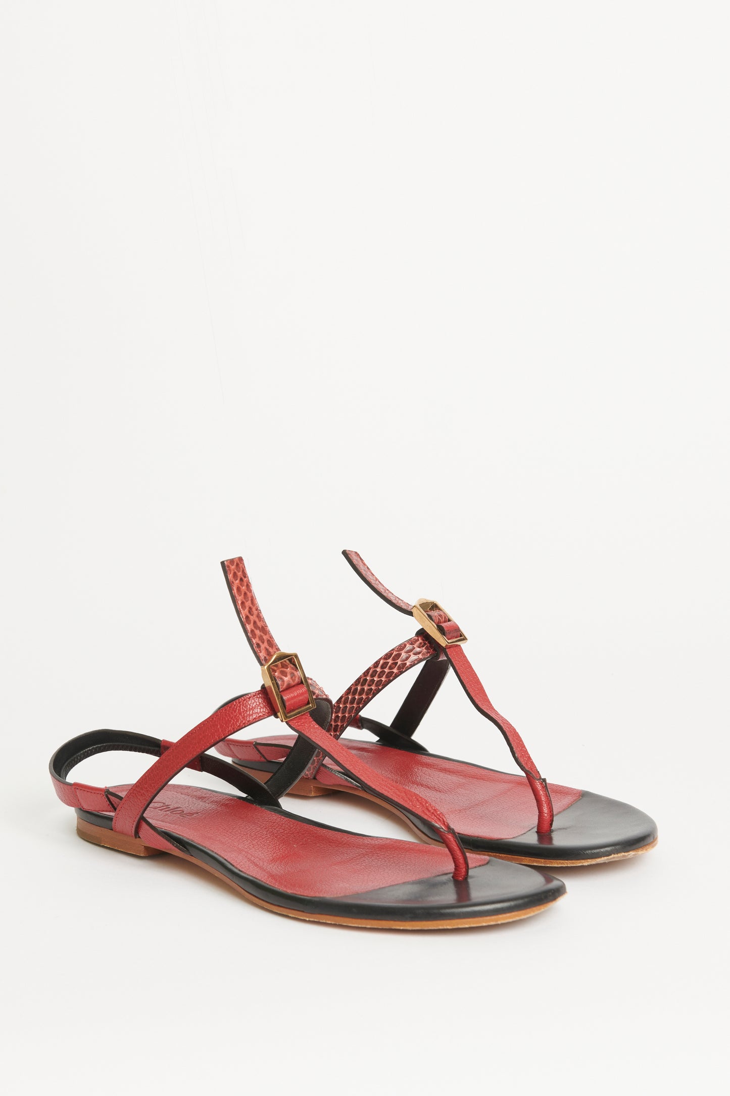 Red Snake Print T-Bar Preowned Sandals