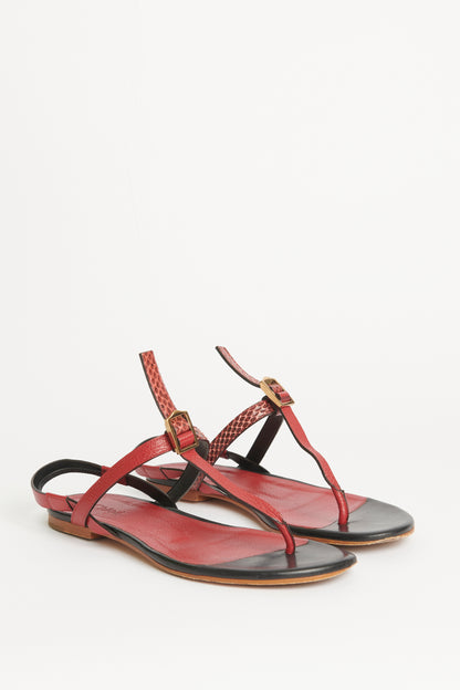 Red Snake Print T-Bar Preowned Sandals