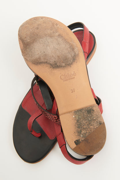 Red Snake Print T-Bar Preowned Sandals