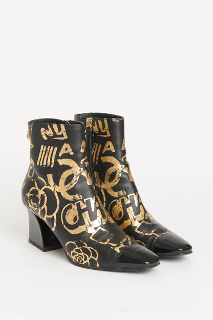 Black Gold Calfskin Graffiti Preowned Boots