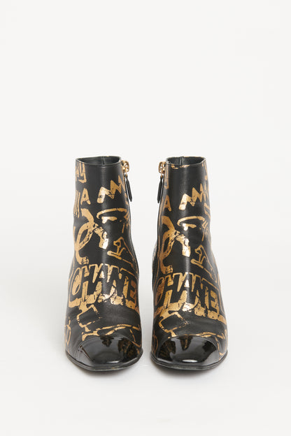 Black Gold Calfskin Graffiti Preowned Boots