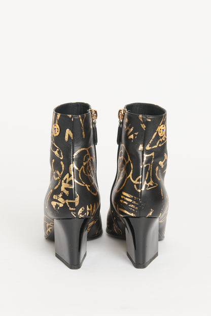 Black Gold Calfskin Graffiti Preowned Boots