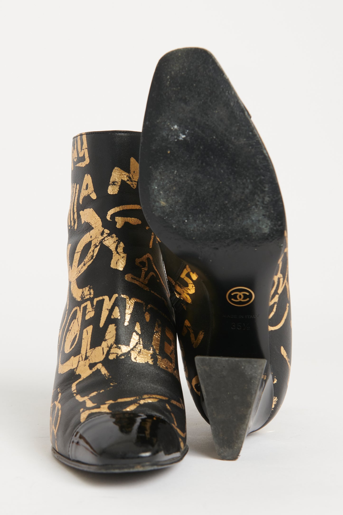 Black Gold Calfskin Graffiti Preowned Boots