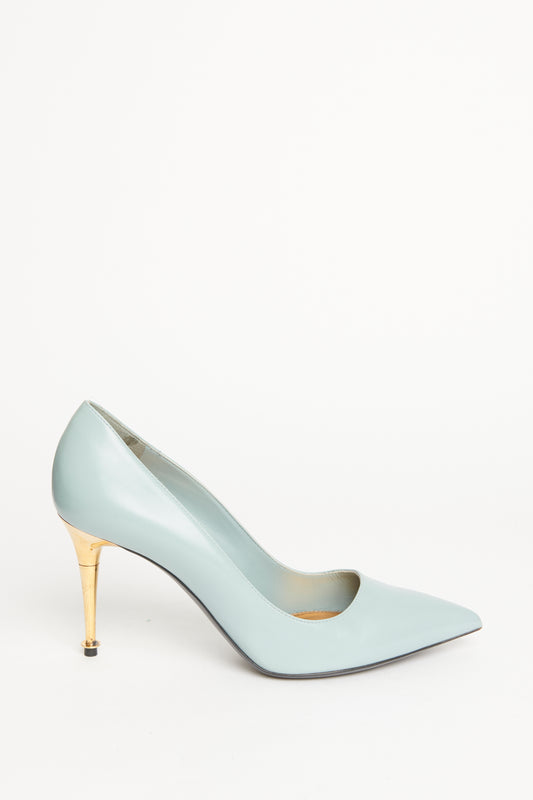 Blue Leather Gold Heel Preowned Pumps