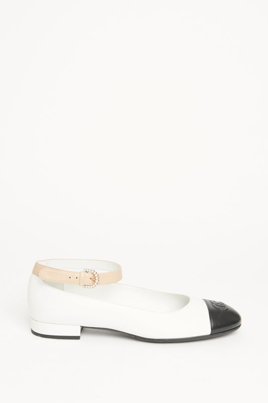 Lambskin Pearl Cap Toe CC Ankle Strap Preowned Flats