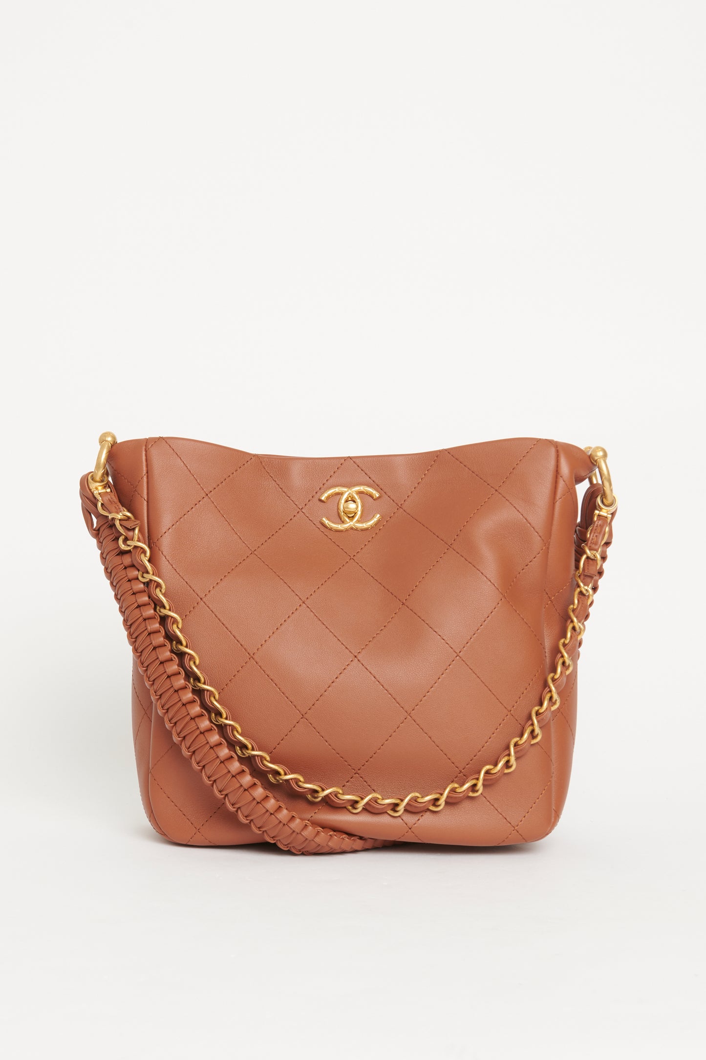 2023 Brown Calfskin Quilted Braided Handle Chain Hobo