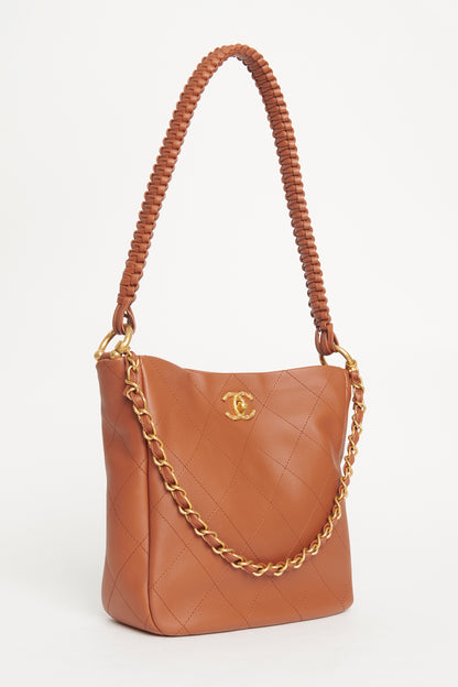 2023 Brown Calfskin Quilted Braided Handle Chain Hobo