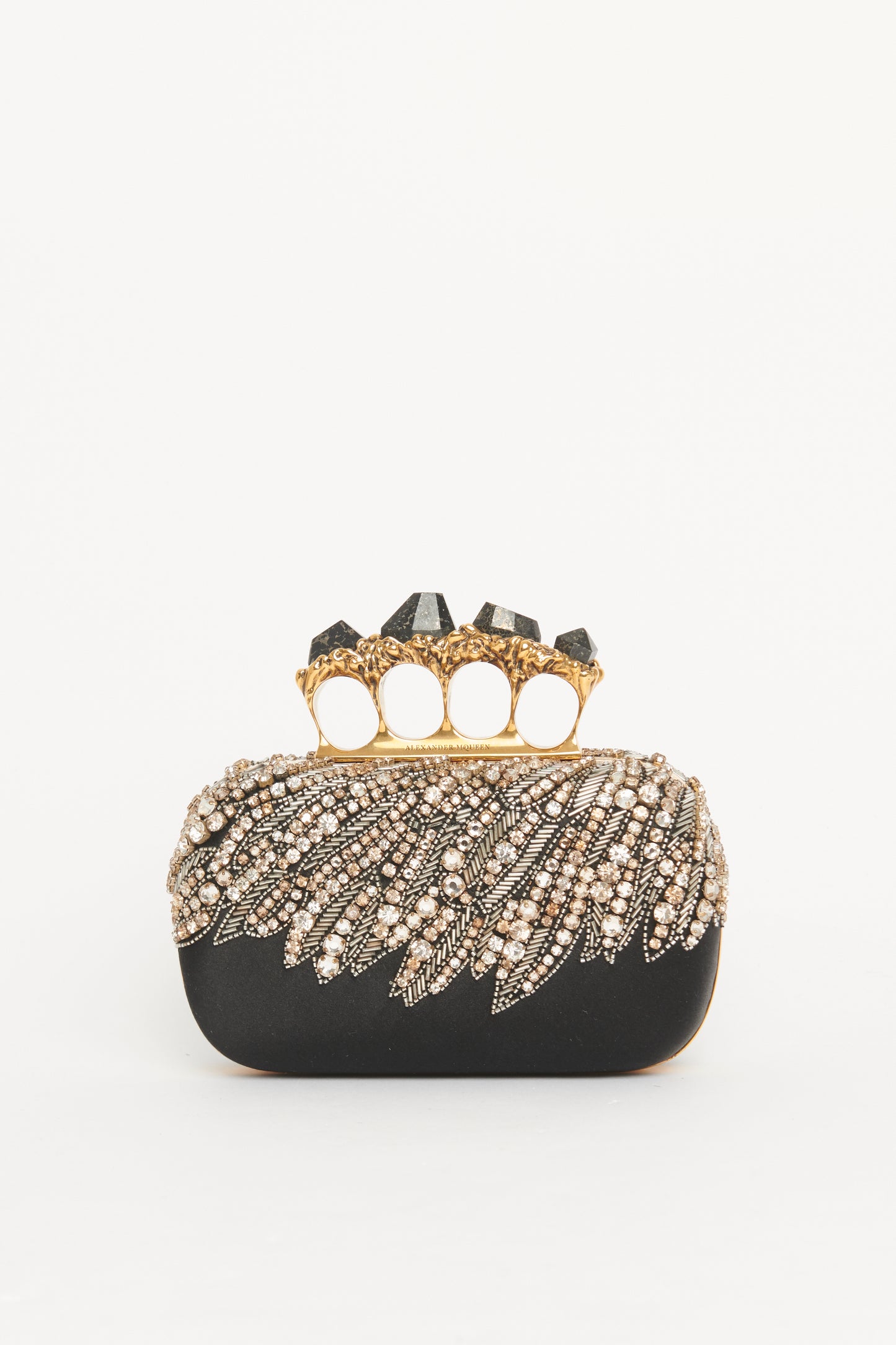 Black Satin Embellished Knuckle Clutch Bag