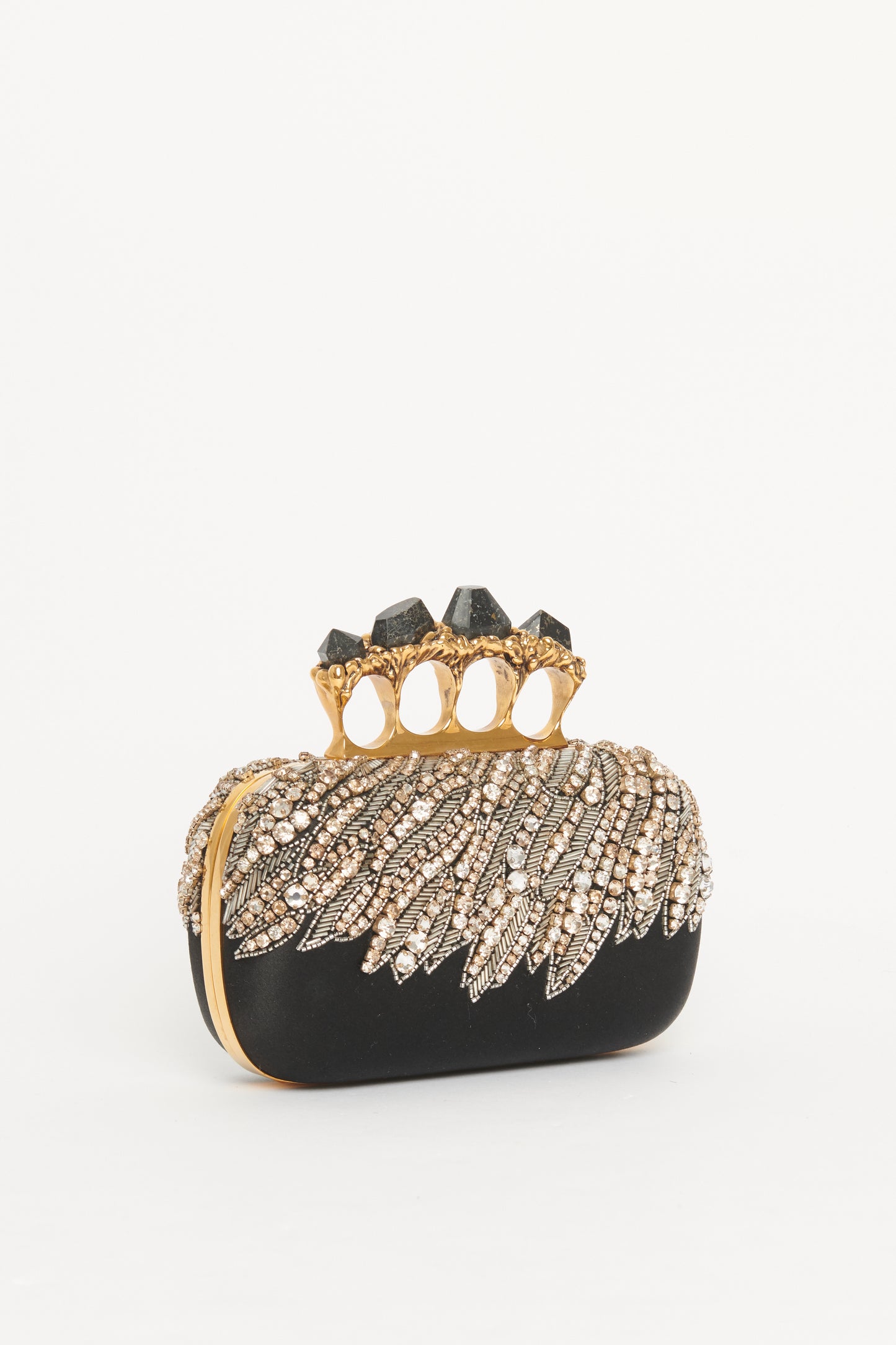 Black Satin Embellished Knuckle Clutch Bag