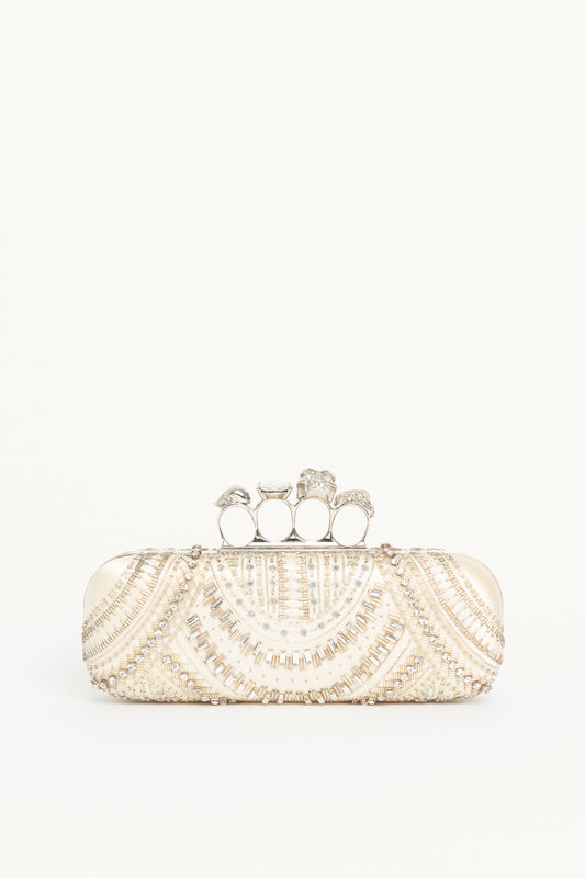 White Satin Embellished Knuckle Clutch Bag