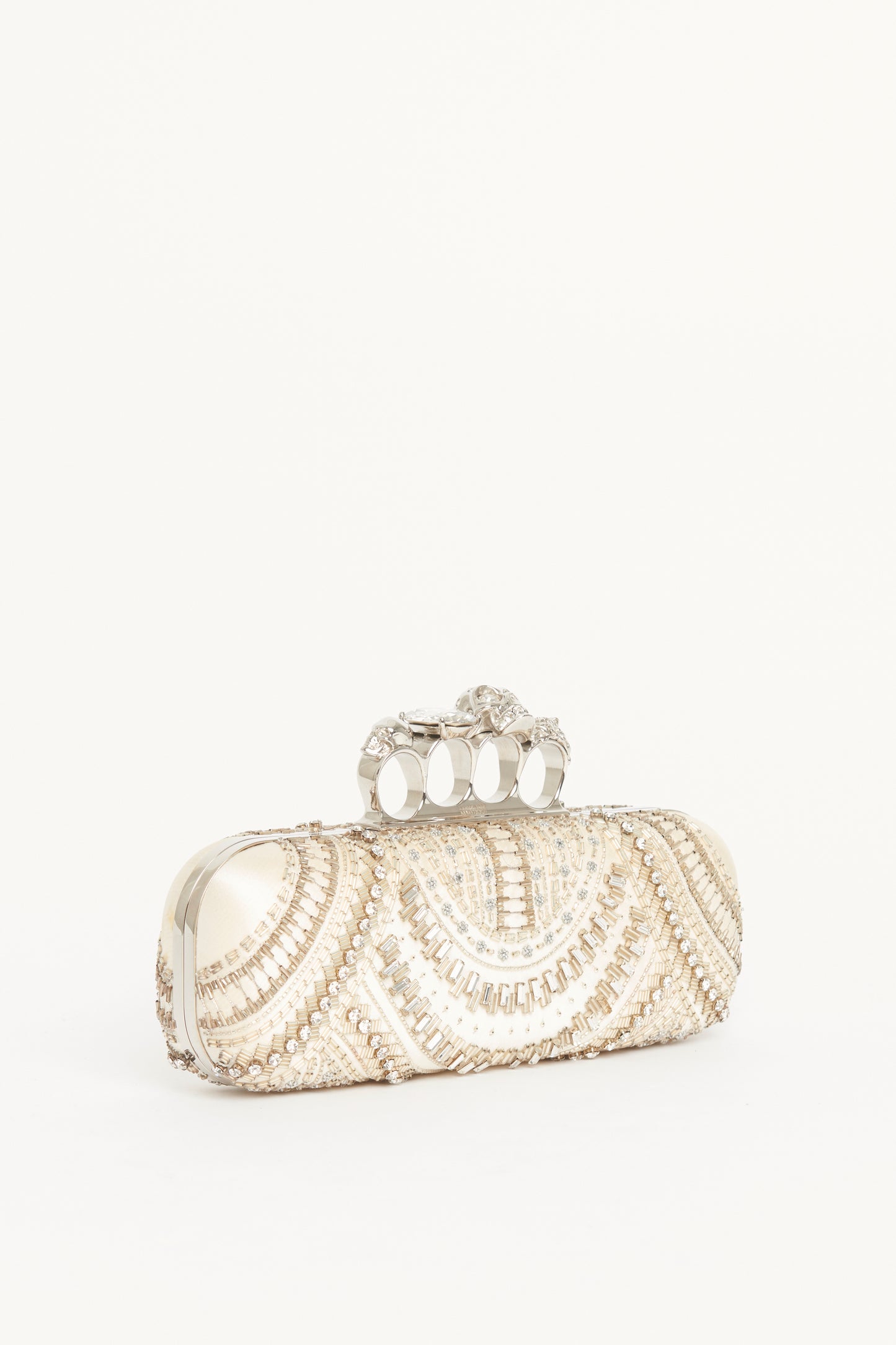 White Satin Embellished Knuckle Clutch Bag