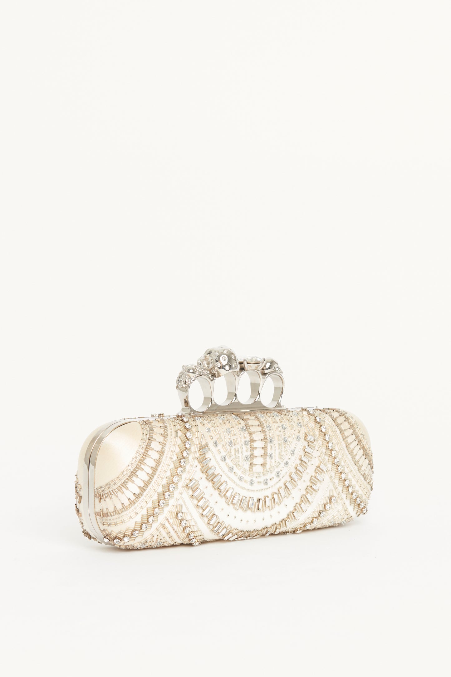 White Satin Embellished Knuckle Clutch Bag