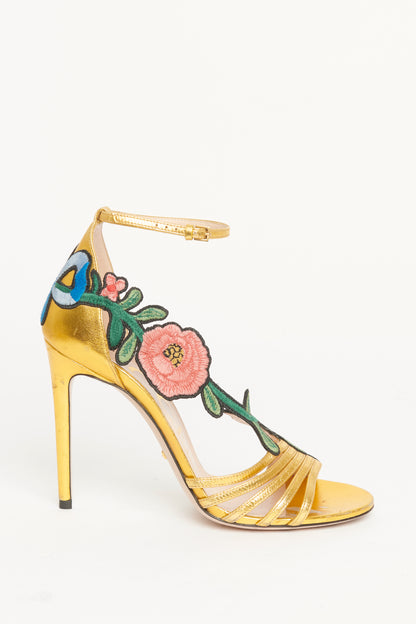 Gold Ophelia Floral Embroidered Preowned Sandals