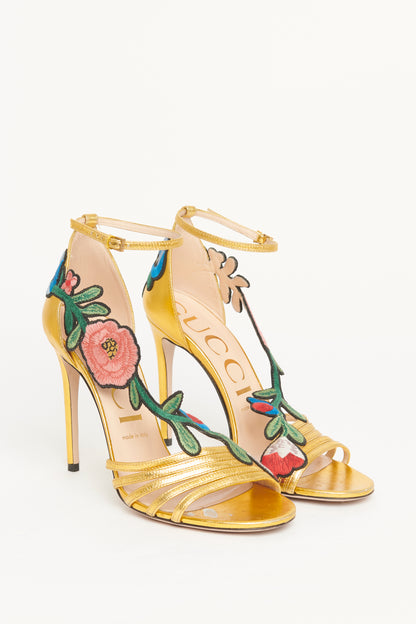 Gold Ophelia Floral Embroidered Preowned Sandals