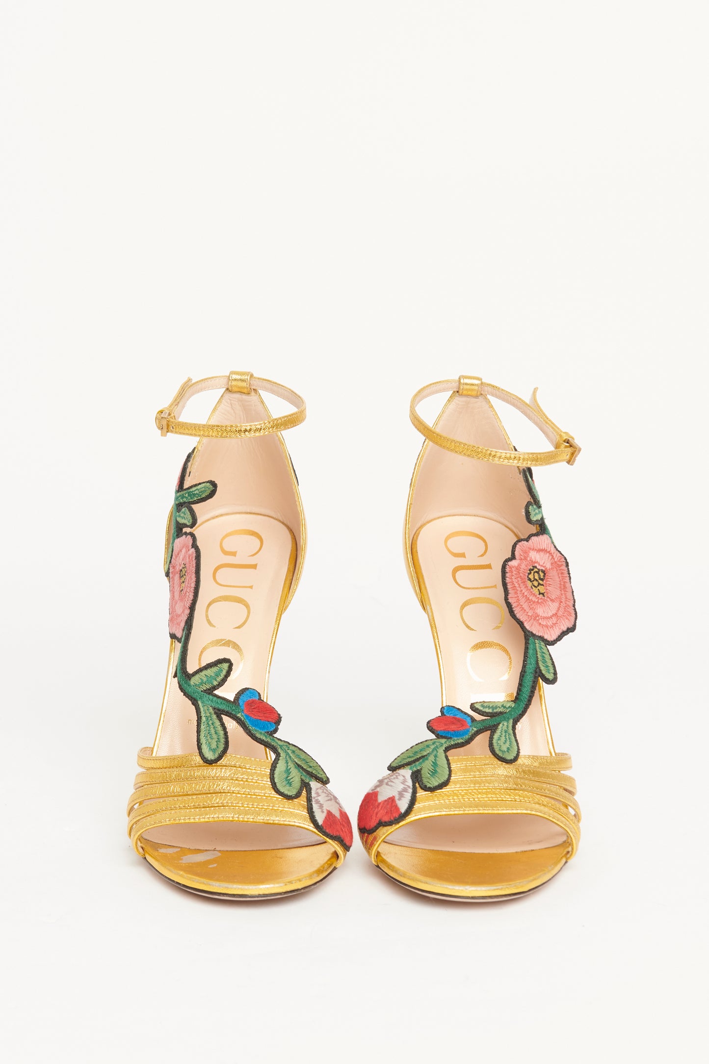 Gold Ophelia Floral Embroidered Preowned Sandals