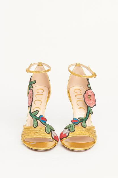 Gold Ophelia Floral Embroidered Preowned Sandals