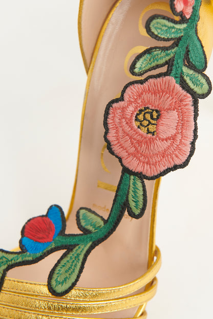 Gold Ophelia Floral Embroidered Preowned Sandals