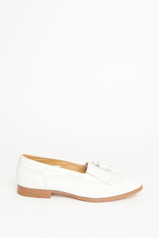 White Leather Tassel Detail Slip On Loafers