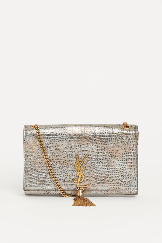 Metallic Croc Embossed Leather Preowned Kate Shoulder Bag